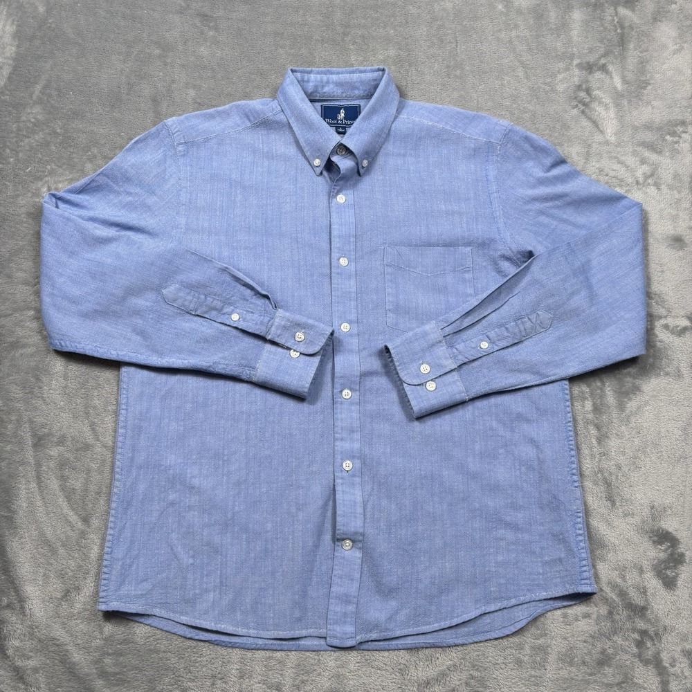 Wool & Prince Button Down Mens Large Blue 100% Worsted Wool Shirt